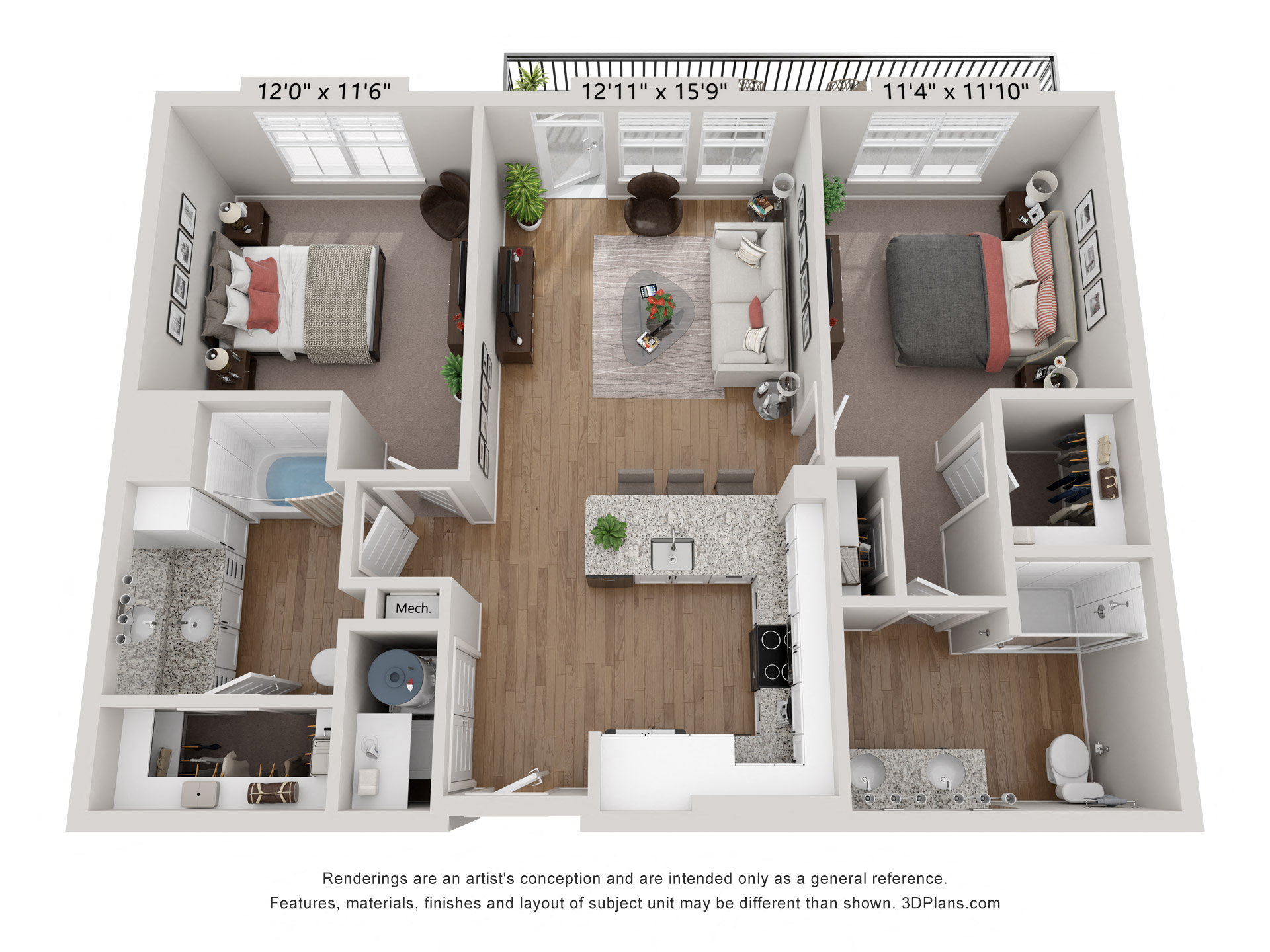 Floor plan for 2 beds, 2 baths, 993 sqft